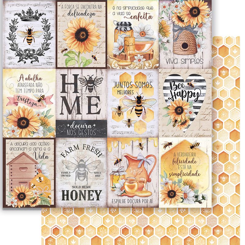Kit 5 Papel Scrapbook Dupla Face Cards Abelhas Mel Sd-1263 30,5x30,5cm Litoarte