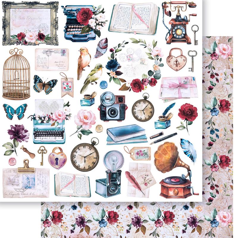 Papel Scrapbook Dupla Face Elementos Vintage Sd-1256 30,5x30,5cm Litoarte