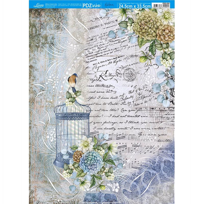 Papel Decoupage Flores, Gaiola e Textos Pdz-024 24,5x33cm Litoarte