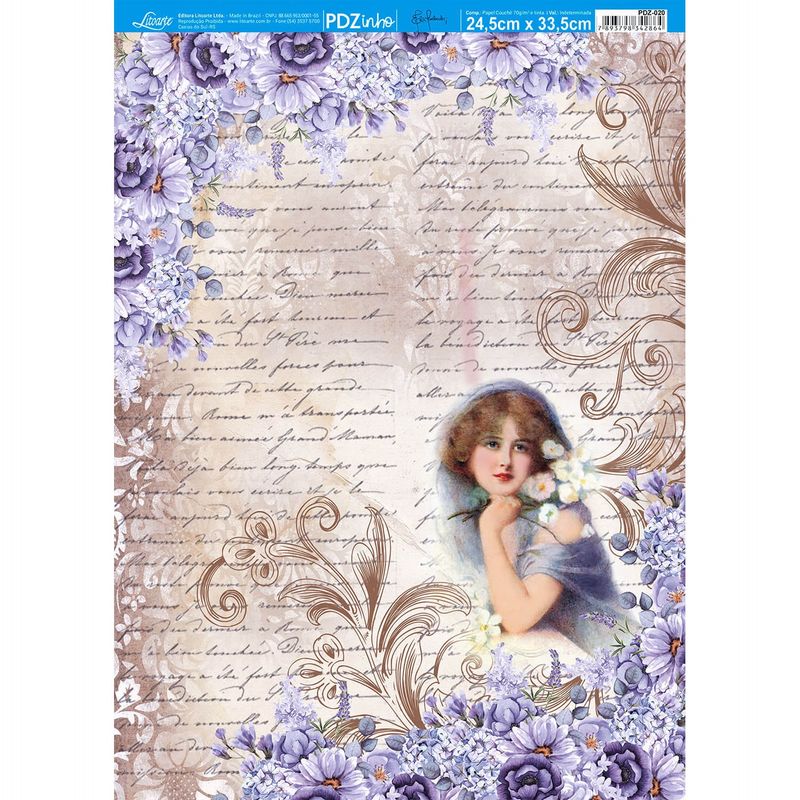 Kit 5 Papel Decoupage Dama com Flores Pdz-020 24,5x33cm Litoarte