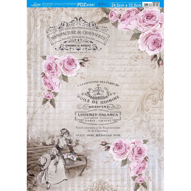 Kit 5 Papel Decoupage Dama e Rosas Pdz-018 24,5x33cm Litoarte