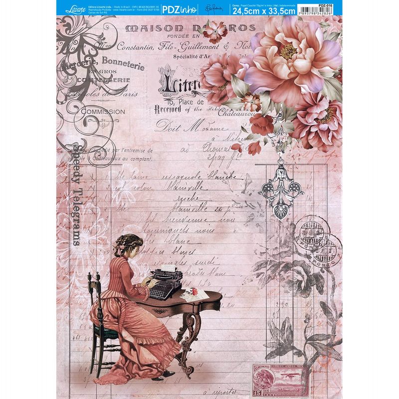 Papel Decoupage Dama Digitando Pdz-016 24,5x33cm Litoarte