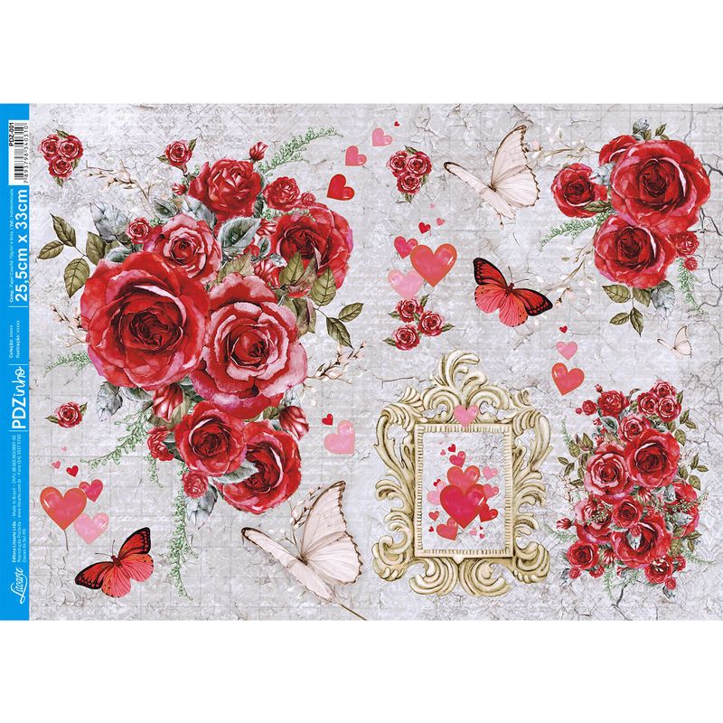 Papel Decoupage Rosas e Coração Pdz-001 24,5x33cm Litoarte