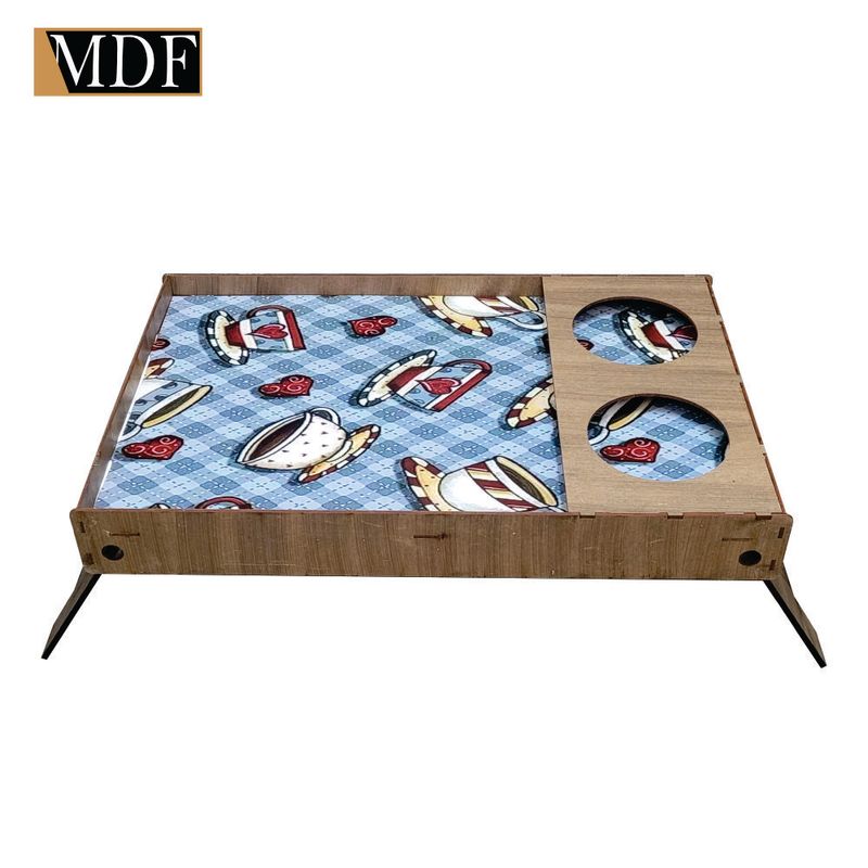 Bandeja Café com Base Dobrável e Porta Copo Xicaras de Café 48x30x6 Mdf Madeira Adesivado