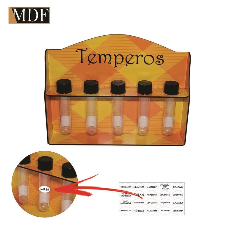 Porta Tempero com 5 Tubetes Amarelo Xadrez + Cartela 29x4,5x23 Mdf Madeira Adesivado