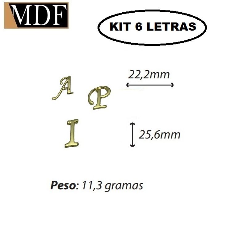 Kit 6 Letras do Alfabeto Apliques 2,22 X 2,56cm  Zamac Dourado LETRA A