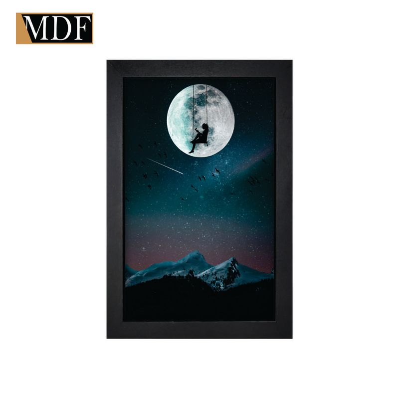 Quadro Decorativo Moldura Pintada Gel Balanço Passaros e Lua 30x20 Mdf Adesivado