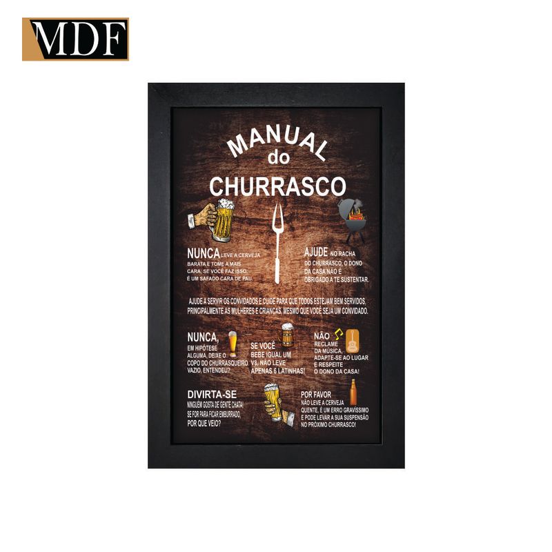 Quadro Decorativo Moldura Pintada Gel Manual do Churrasco 30x20 Mdf Adesivado