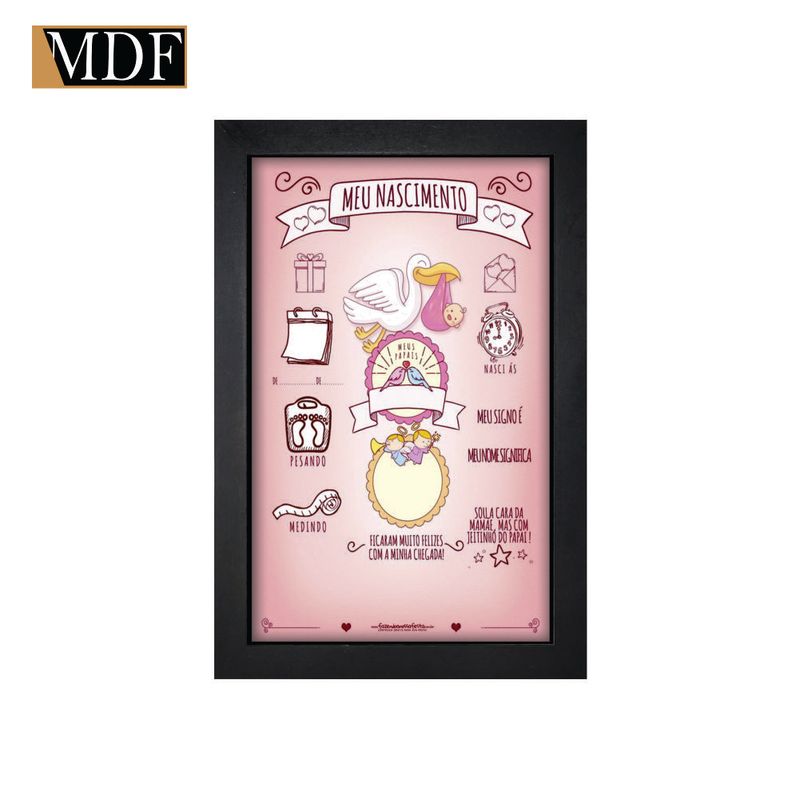 Quadro Decorativo Moldura Pintada Gel Meu Nascimento Menina 30x20 Mdf Adesivado