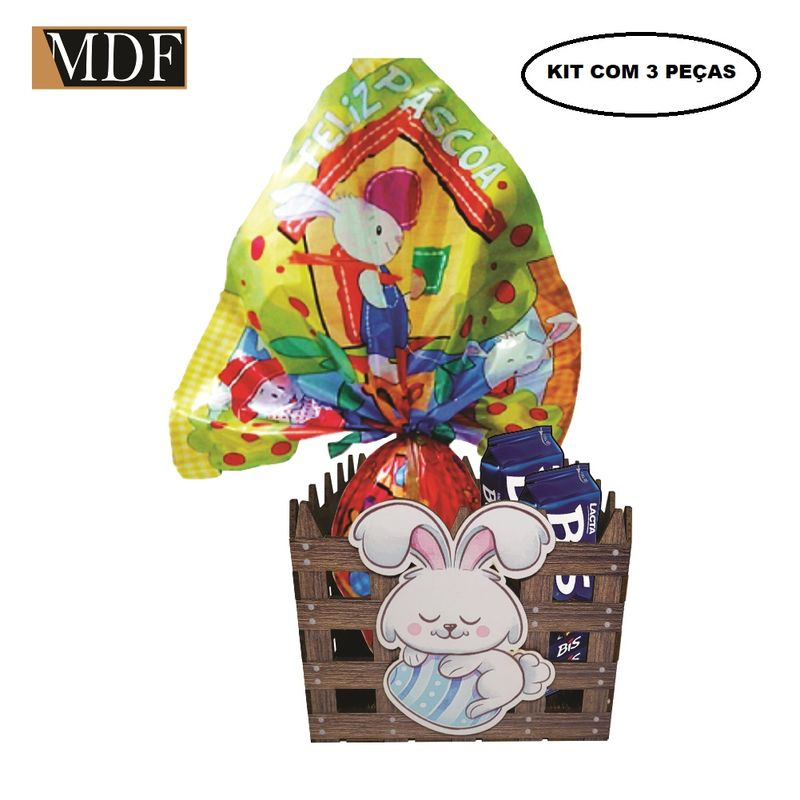 Cesta com Cercado e Aplique Coelho Ovo Azul Páscoa Kit 3 Un. 15X15x12 Mdf Madeira Adesivado