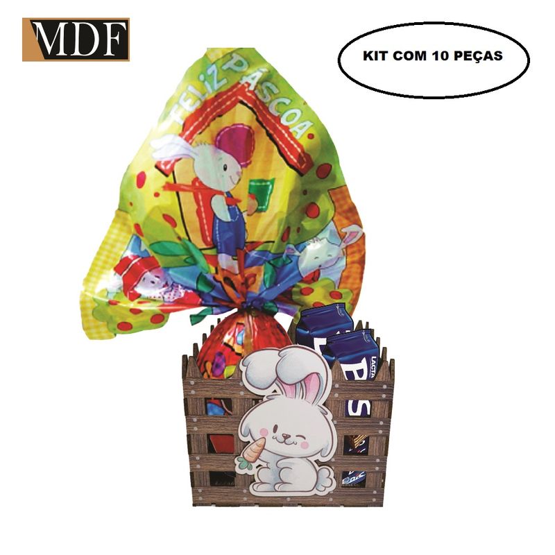 Cesta com Cercado e Aplique Coelho Cenoura Páscoa Kit 10 Un. 15X15x12 Mdf Madeira Adesivado