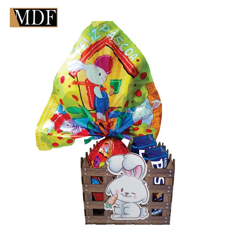 Cesta com Cercado e Aplique Coelho Cenoura Páscoa 15x15x12 Mdf Madeira Adesivado