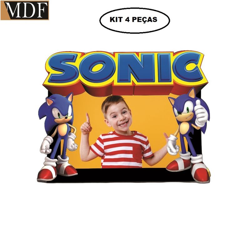 Porta Retrato Infantil 3d Sonic Fotos 10x15 Kit 4 Un. Aniversário Mdf Adesivado