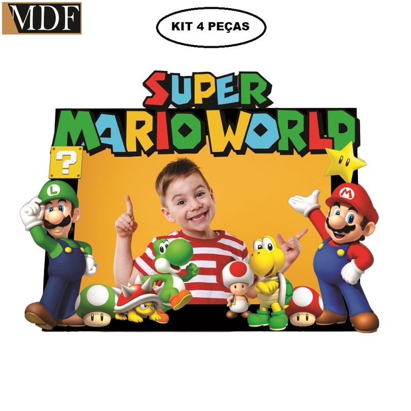 Porta Retrato Infantil 3d Mario Word Fotos 10x15 Kit 4 Un. Aniversário Mdf Adesivado