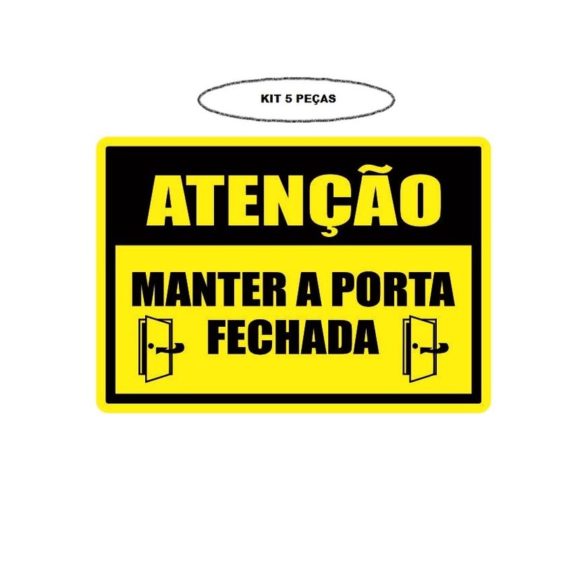 Placa de Sinalização Atenção Porta Fechada Kit 5 Un. 14X20cm Mdf Adesivado