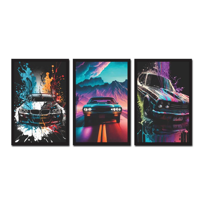 Kit 3 Quadros Decorativos Carros Modelo 1 Madeira Mdf Adesivado