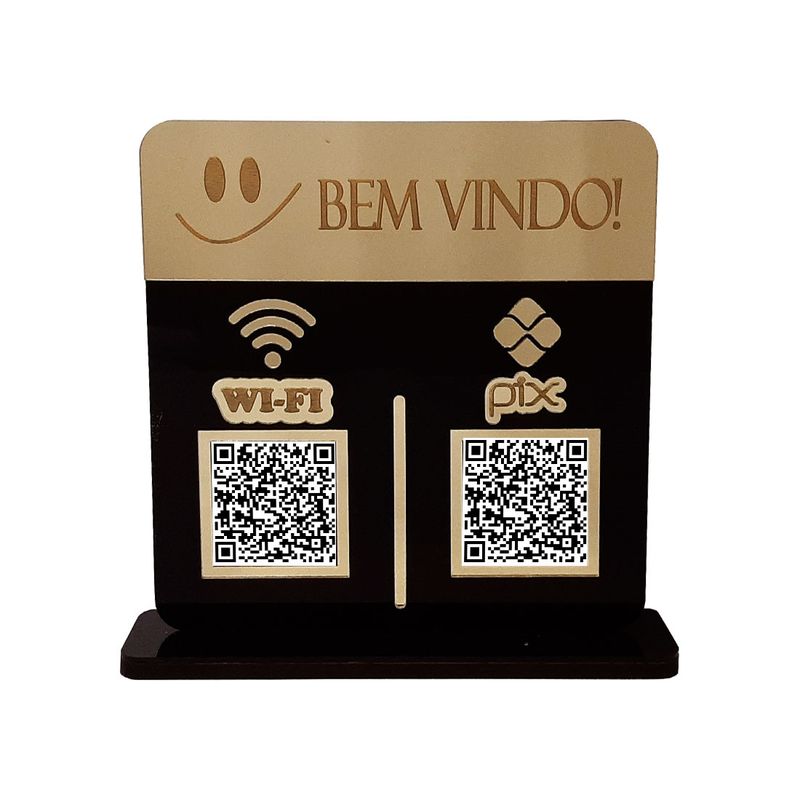 Placa Display Logo e 2 Qr Code Pix e Wifi em Acrílico Dourado e Preto Bem Vindo