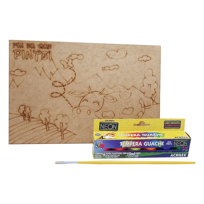 Kit Pintura Quadro 30x20 Vaquinha Fazenda + 6 Pote Tempera Guache + Pincel Condor 456-2 Mdf Madeira