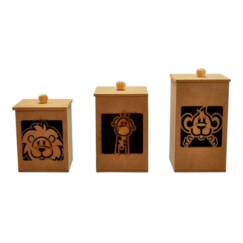 Jogo 3 Potes Bebê Safari 3d Mdf Madeira