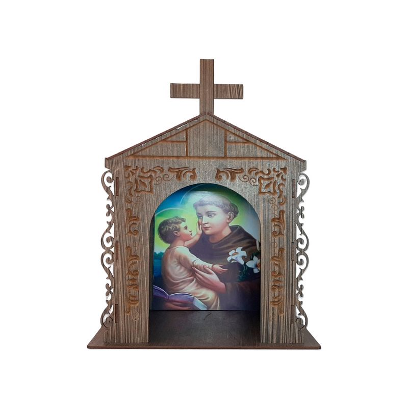 Capela Oratório Arabesco com Imagem Santo Antônio de Pádua 25x18x31 Mdf Madeira Imbuia