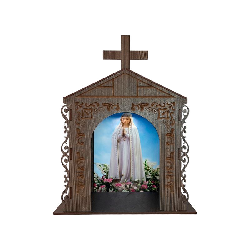 Capela Oratório Arabesco com Imagem Nossa Senhora de Fatima 25x18x31 Mdf Madeira Imbuia
