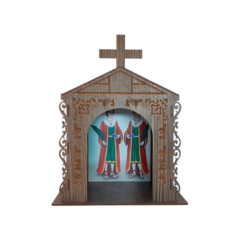 Capela Oratório Arabesco com Imagem São Cosme e Damião 25x18x31 Mdf Madeira Imbuia