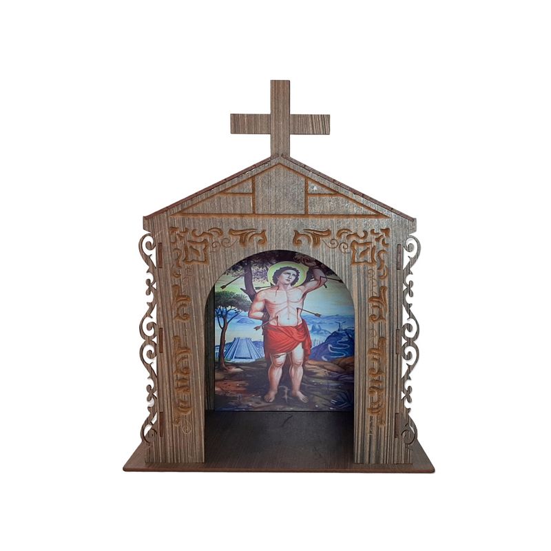 Capela Oratório Arabesco com Imagem São Sebastião 25x18x31 Mdf Madeira Imbuia