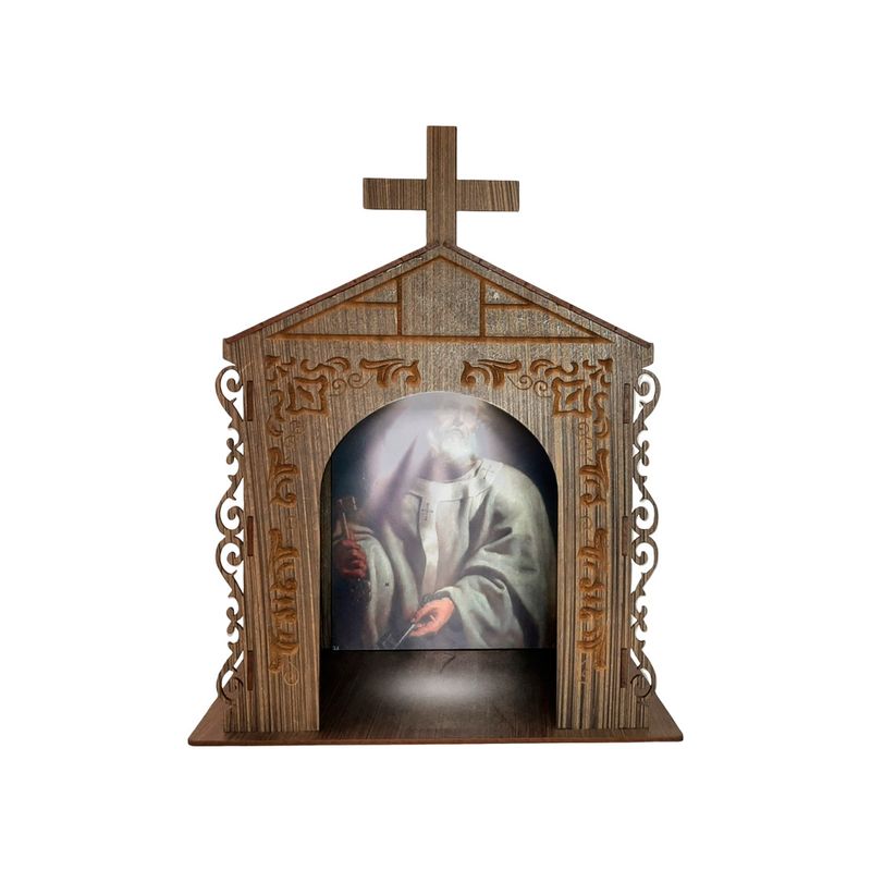 Capela Oratório Arabesco com Imagem e Led São Pedro 25x18x31 Mdf Madeira Imbuia