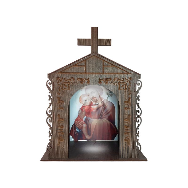 Capela Oratório Arabesco com Imagem e Led São José 25x18x31 Mdf Madeira Imbuia