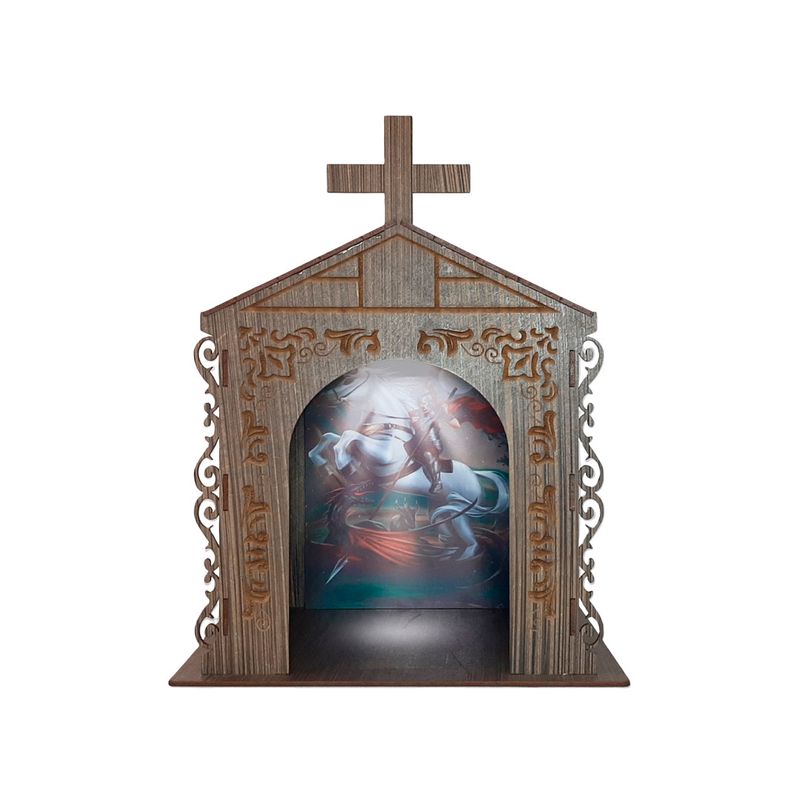 Capela Oratório Arabesco com Imagem e Led São Jorge 25x18x31 Mdf Madeira Imbuia