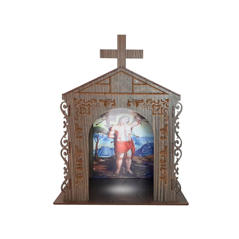 Capela Oratório Arabesco com Imagem e Led São Sebastião 25x18x31 Mdf Madeira Imbuia