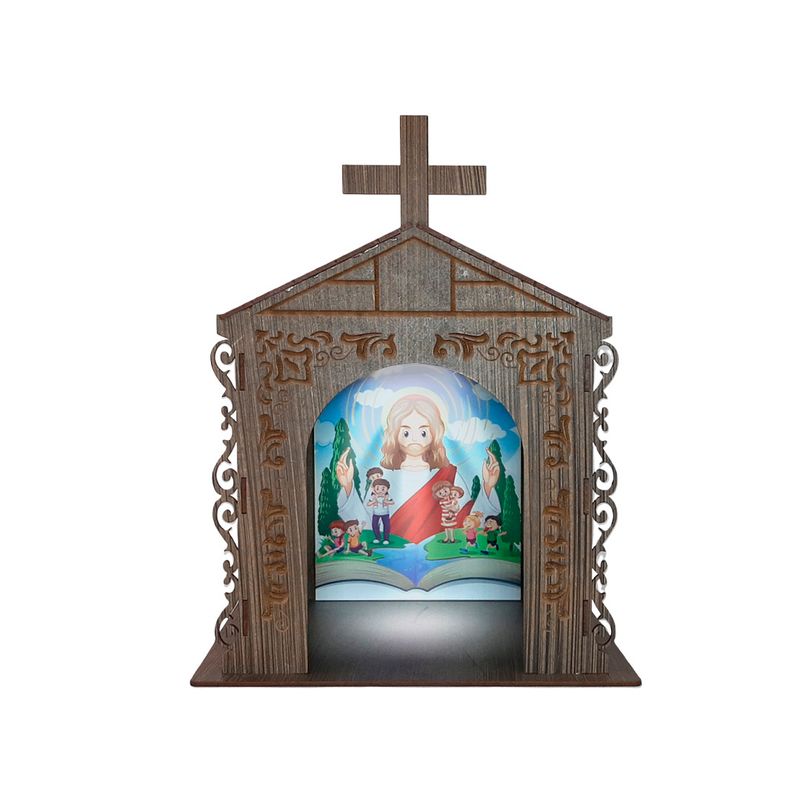 Capela Oratório Arabesco com Imagem e Led Jesus Cristo 2 25x18x31 Mdf Madeira Imbuia