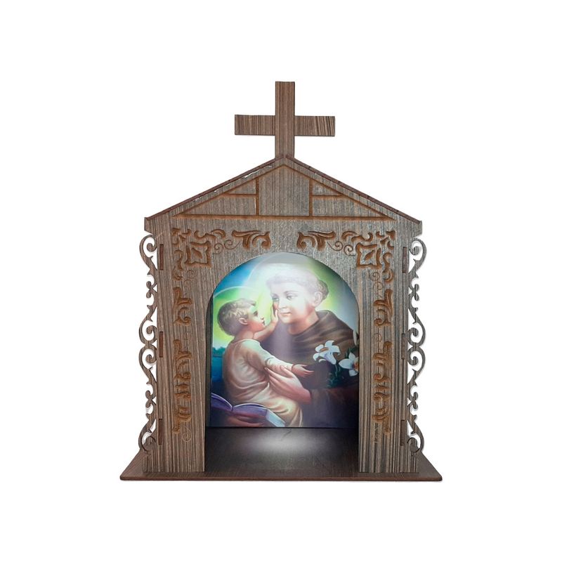 Capela Oratório Arabesco com Imagem e Led Santo Antônio de Padua 25x18x31 Mdf Madeira Imbuia