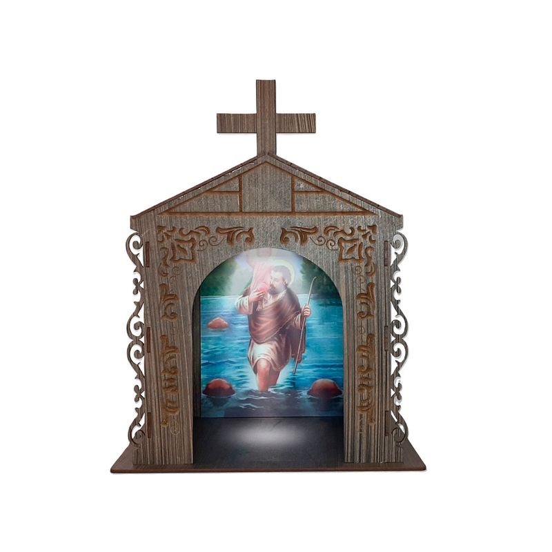 Capela Oratório Arabesco com Imagem e Led São Cristovão 25x18x31 Mdf Madeira Imbuia