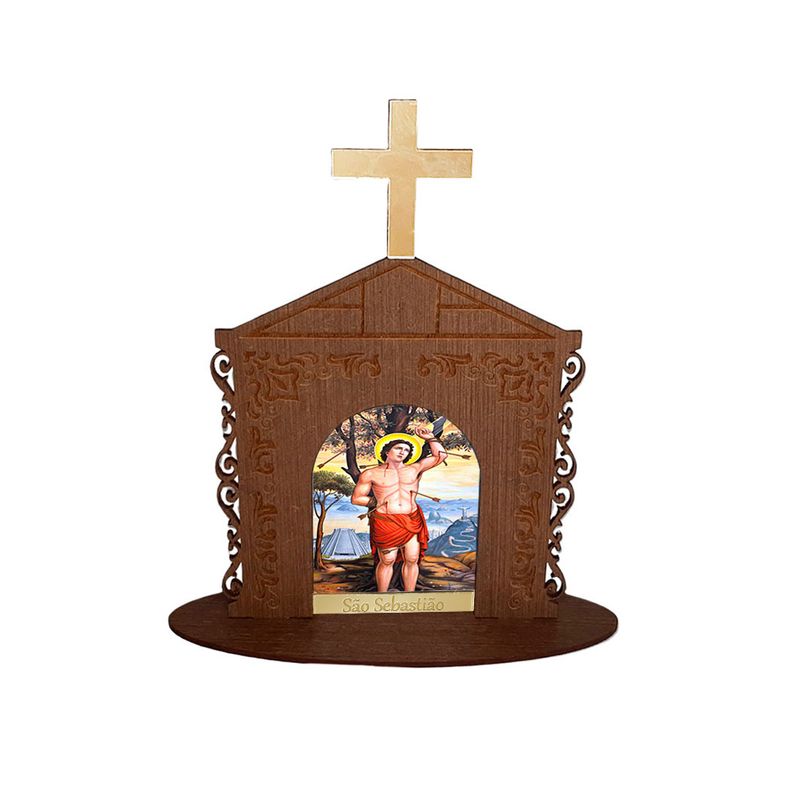 Display Enfeite de Mesa Religioso Capelinha Oratório São Sebastião 20cm Mdf Madeira Imbuia