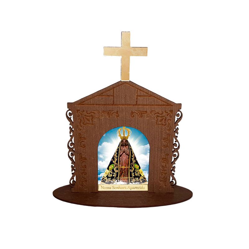 Display Enfeite de Mesa Religioso Capelinha Oratório Nossa Senhora Aparecida 20cm Mdf Madeira Imbuia