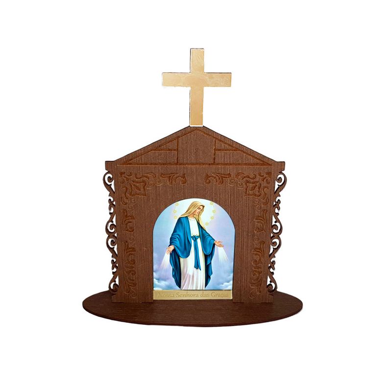 Display Enfeite de Mesa Religioso Capelinha Oratório Ns das Graças 20cm Mdf Madeira Imbuia