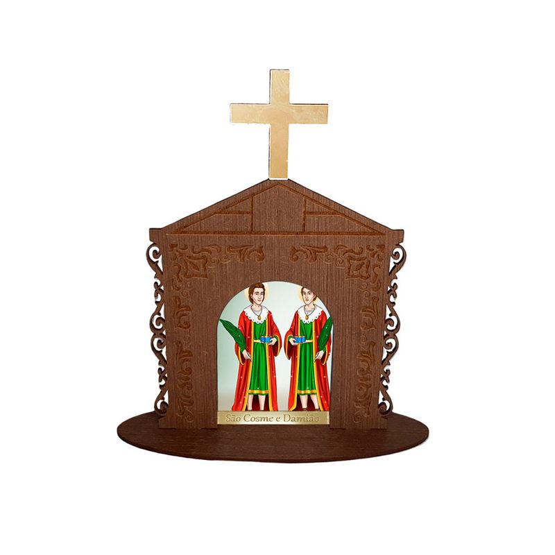 Display Enfeite de Mesa Religioso Capelinha Oratório São Cosme e Damião 20cm Mdf Madeira Imbuia