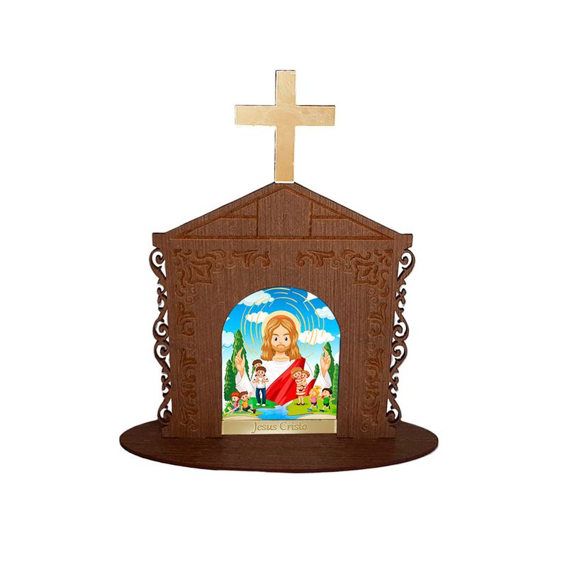 Display Enfeite de Mesa Religioso Capelinha Oratório Jesus Cristo Mod2 20cm Mdf Madeira Imbuia