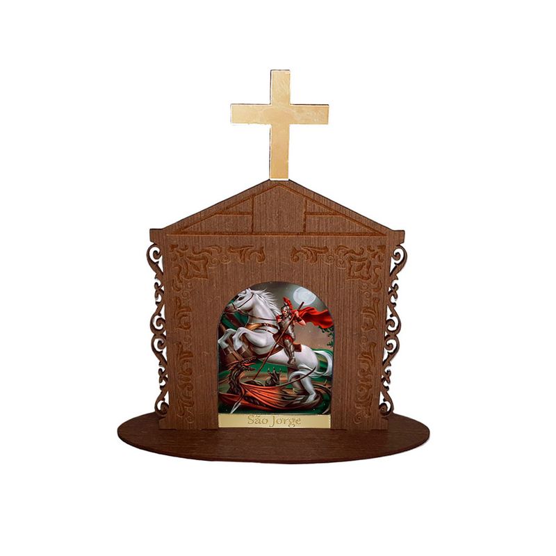 Display Enfeite de Mesa Religioso Capelinha Oratório São Jorge 20cm Mdf Madeira Imbuia