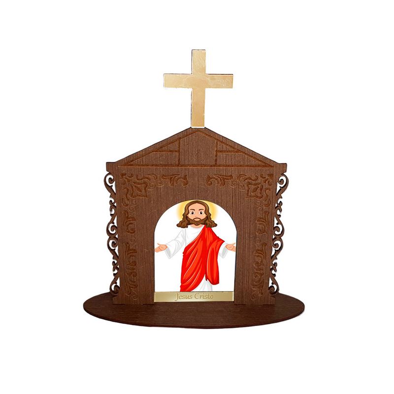 Display Enfeite de Mesa Religioso Capelinha Oratório Jesus Cristo Mod1 20cm Mdf Madeira Imbuia
