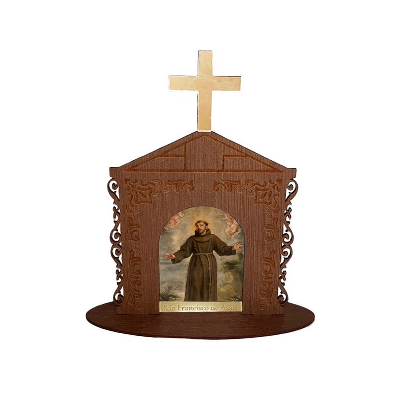 Display Enfeite de Mesa Religioso Capelinha Oratório São Francisco de Assis 20cm Mdf Madeira Imbuia