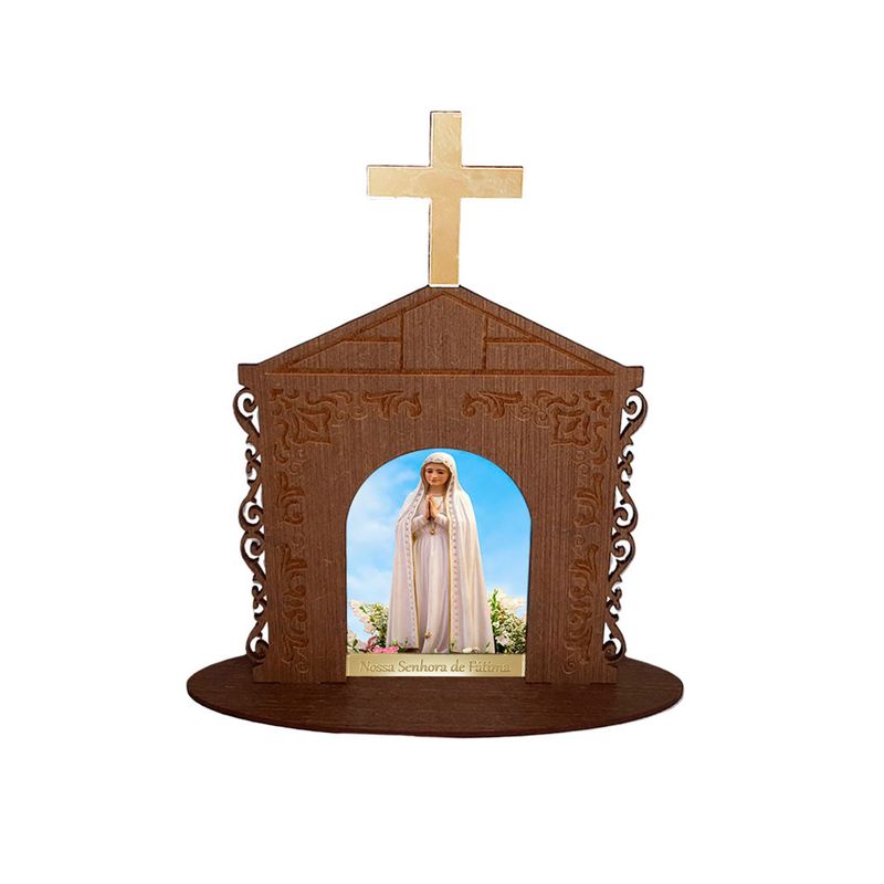 Display Enfeite de Mesa Religioso Capelinha Oratório Nossa Senhora de Fátima 20cm Mdf Madeira Imbuia
