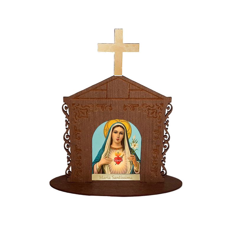 Display Enfeite de Mesa Religioso Capelinha Oratório Maria Santíssima 20cm Mdf Madeira Imbuia