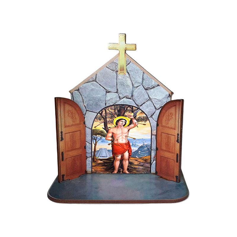 Mini Capela Oratório Display Enfeite de Mesa São Sebastião 12cm Mdf Madeira