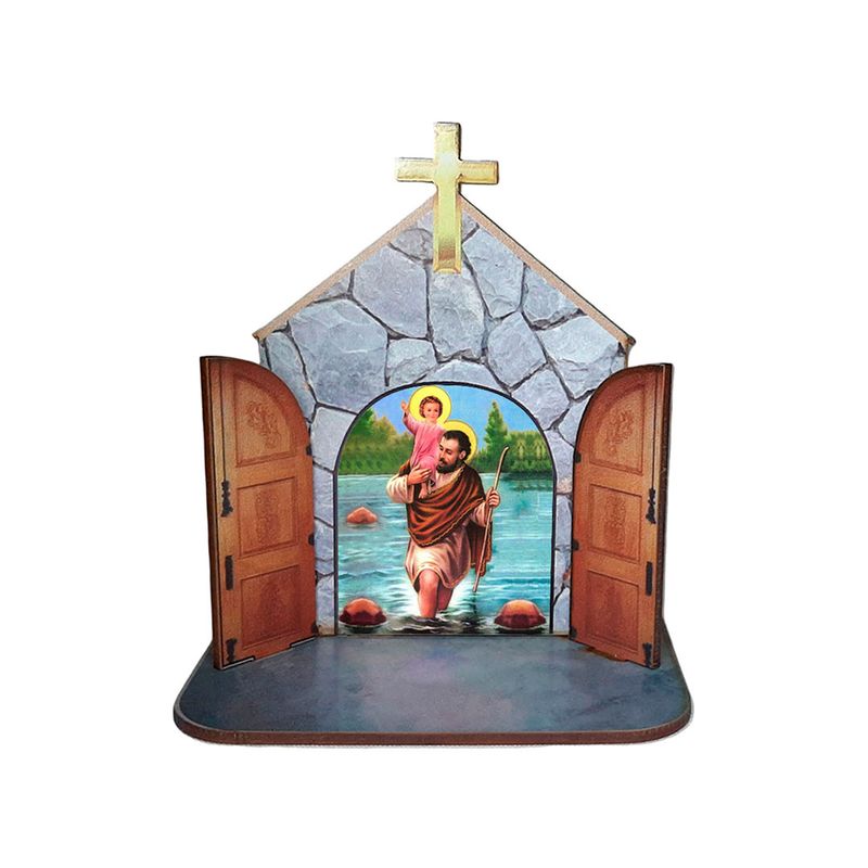 Mini Capela Oratório Display Enfeite de Mesa São Cristovão 12cm Mdf Madeira