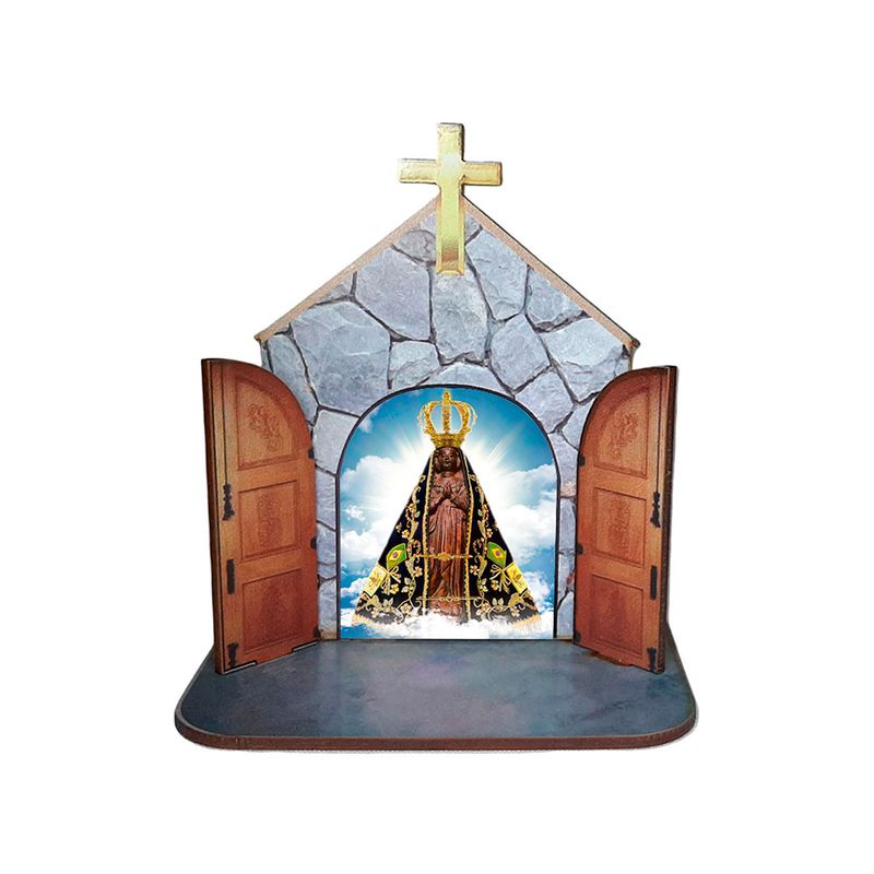 Mini Capela Oratório Display Enfeite de Mesa Nossa Senhora Aparecida 12cm Mdf Madeira
