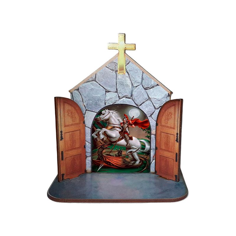 Mini Capela Oratório Display Enfeite de Mesa São Jorge 12cm Mdf Madeira
