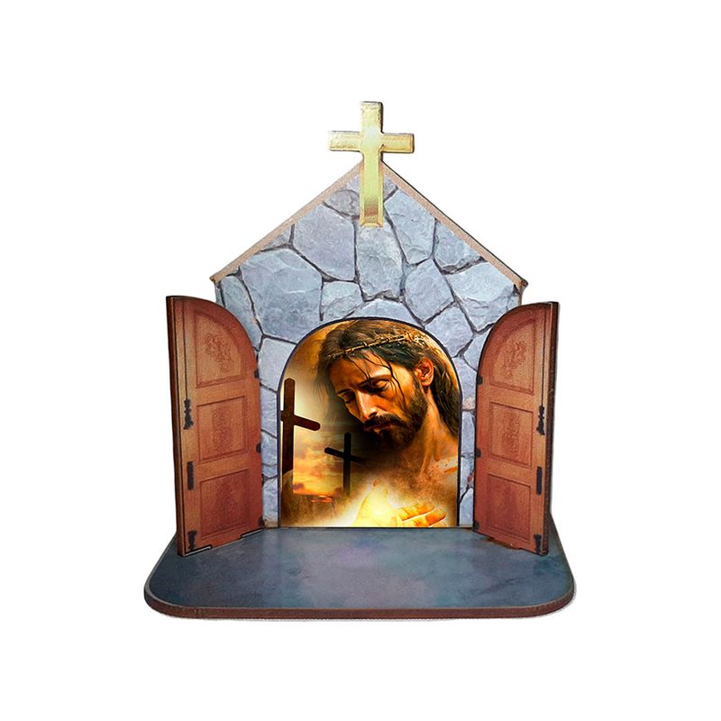 Mini Capela Oratório Display Enfeite de Mesa Pai em Tuas Mãos Entrego 12cm Mdf Madeira