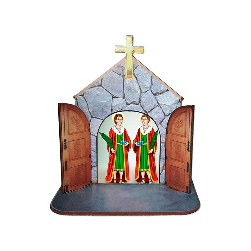 Mini Capela Oratório Display Enfeite de Mesa São Cosme e Damião 12cm Mdf Madeira